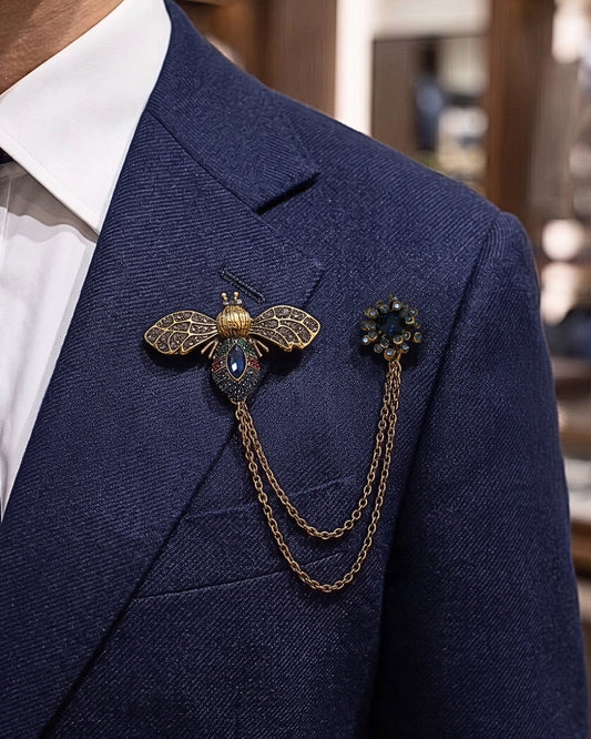 Vintage blue bee chain lapel pin brooch