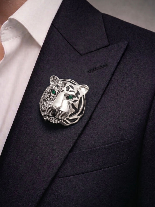 Silver tiger face brooch
