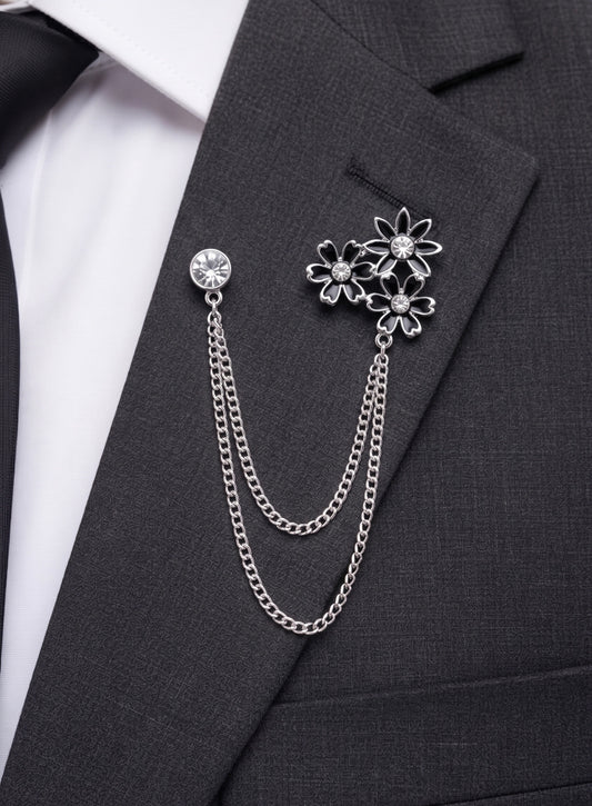 Vintage black flower lapel pin (silver)