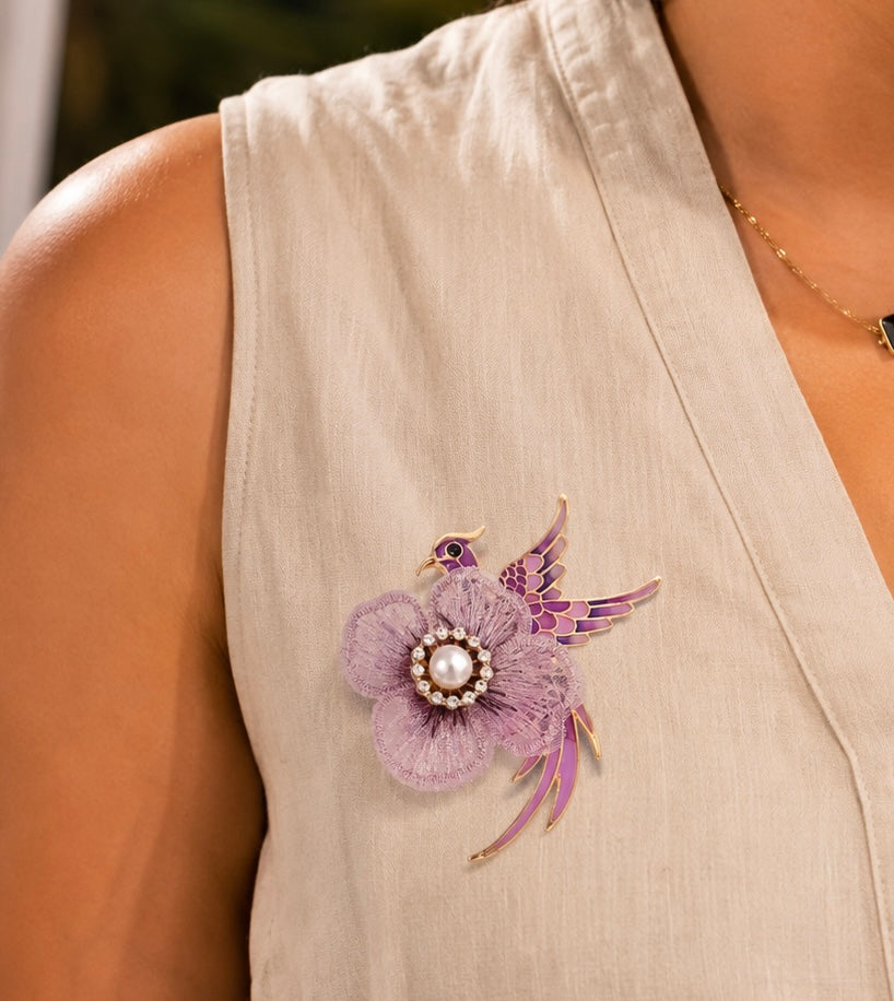 Purple bird bloom brooch