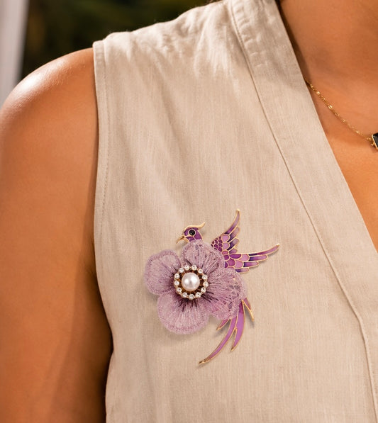 Purple bird bloom brooch