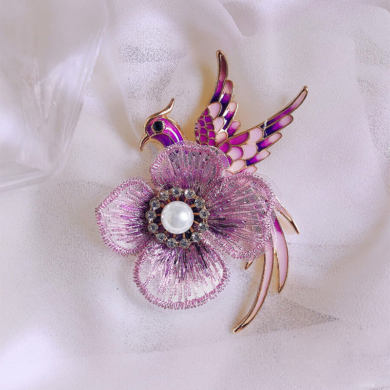 Purple bird bloom brooch