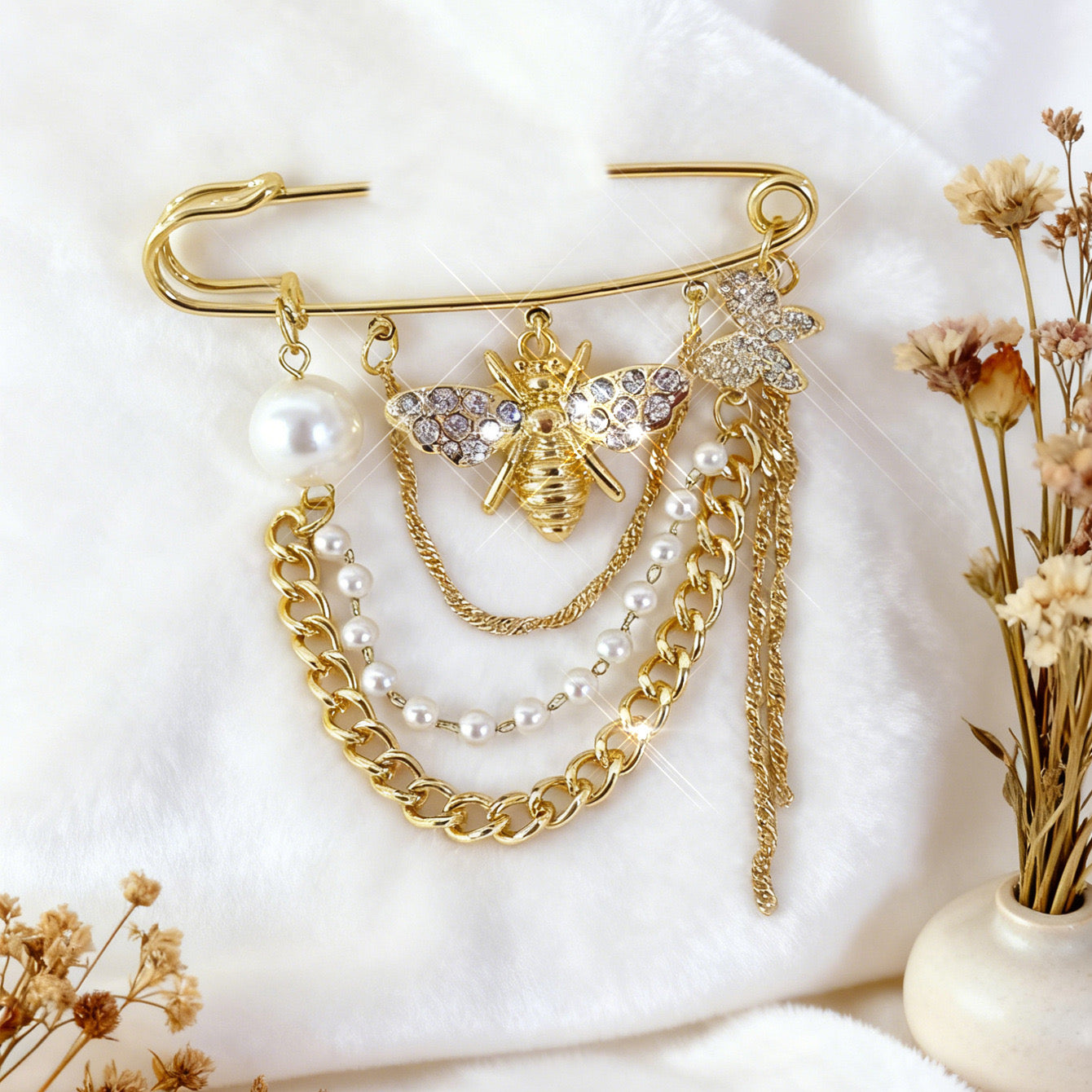 Queen Bee Pearl Chain safety pin
