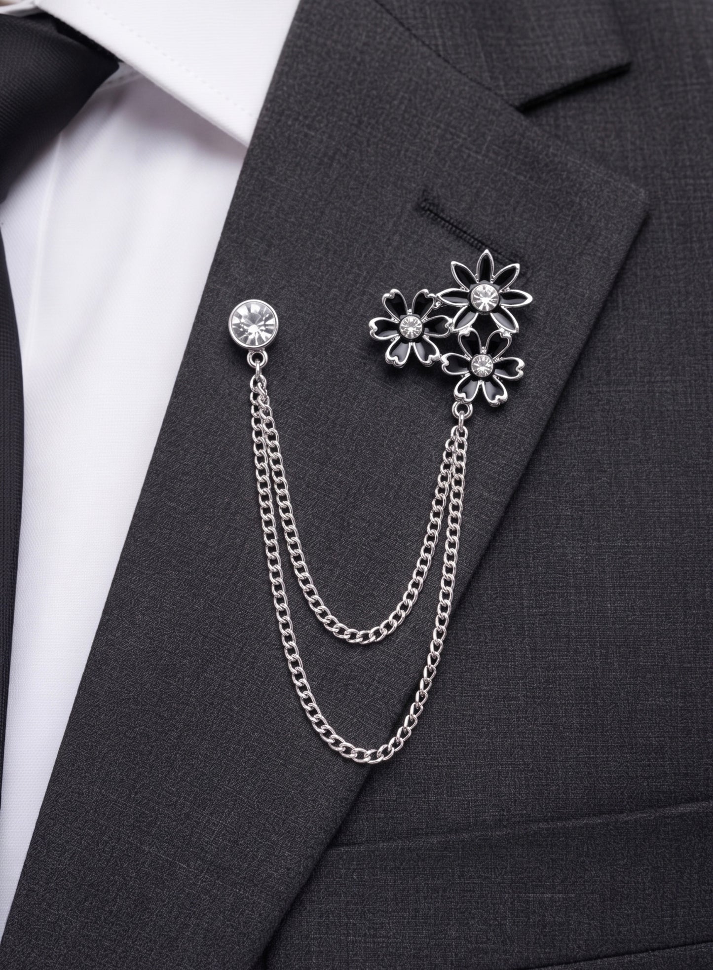 Vintage black flower lapel pin (silver)