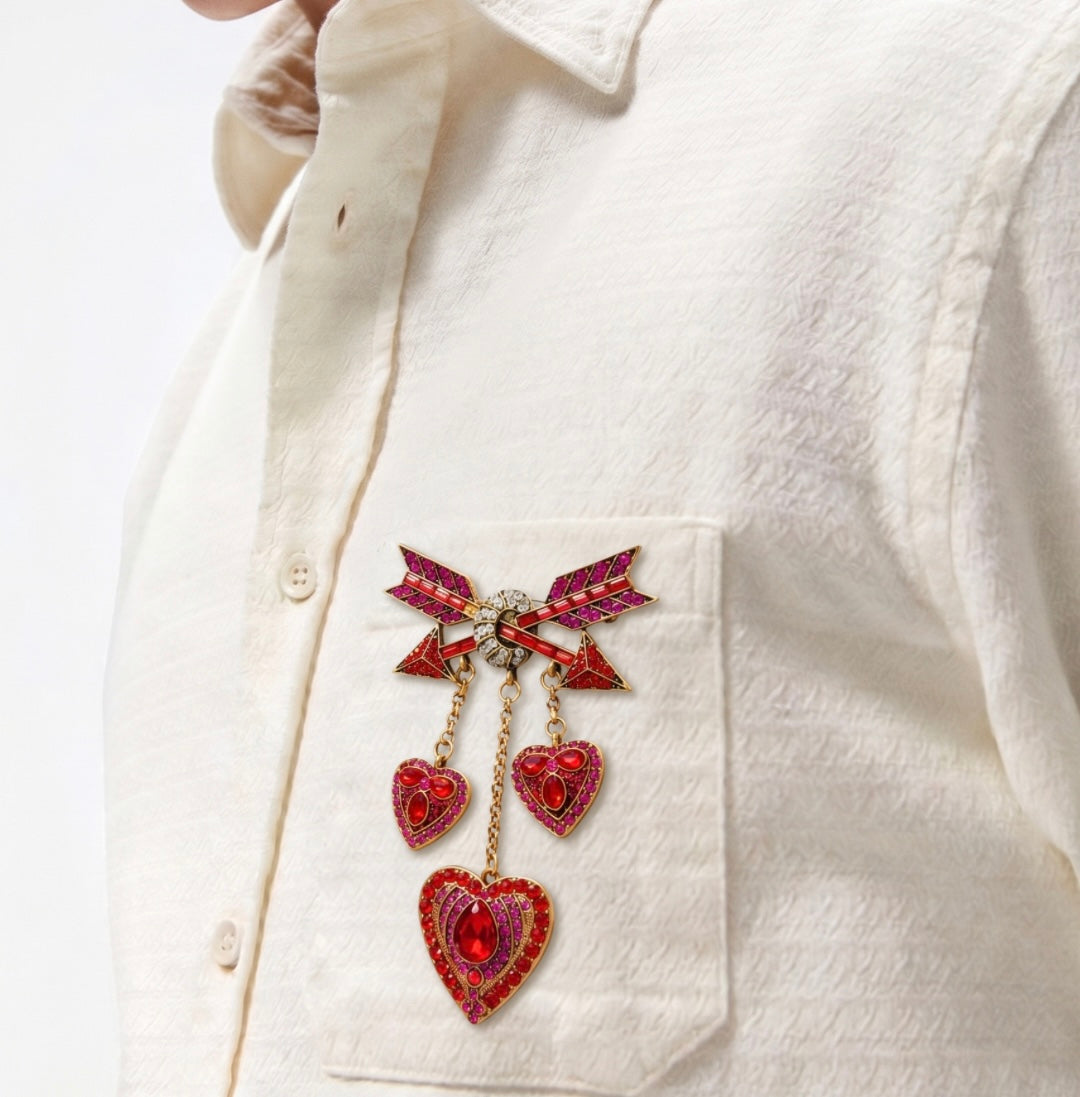 Cupid arrow heart red brooch