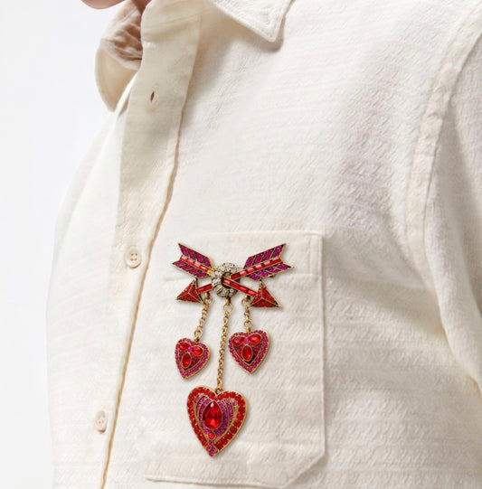 Cupid arrow heart red brooch